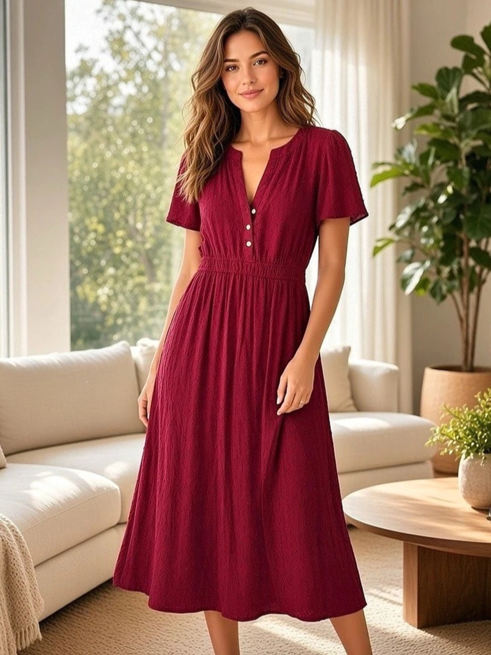 LOFT Petite Deep Red Swiss Dot Flutter Sleeve Smocked Maxi Dress MP - Never worn